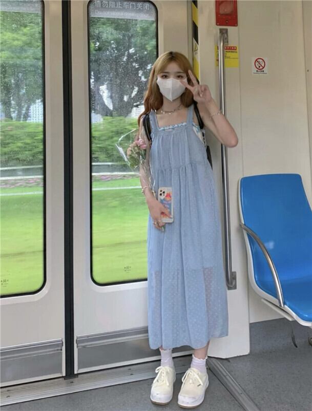 ブルードレス サマースタイルカラーロングスカート 大人ガーリー スウィート キュート カジュアル 夏物 スクウェア モンロー83773644880