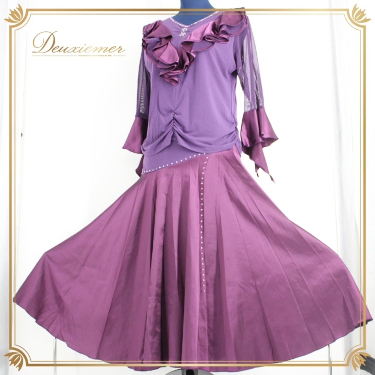 社交ダンス 衣装 スタンダード 上下セット セットアップ パーティ衣装 女性用 レディース オールシーズン 紫 パープル系 ACROSS ラインストーン 伸縮性 発表会 ダンスレッスン おしゃれ 体型カバー ラインストーン付き スカート フレアスカート