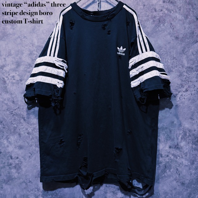 【doppio】vintage “adidas” three stripe design boro custom T-shirt