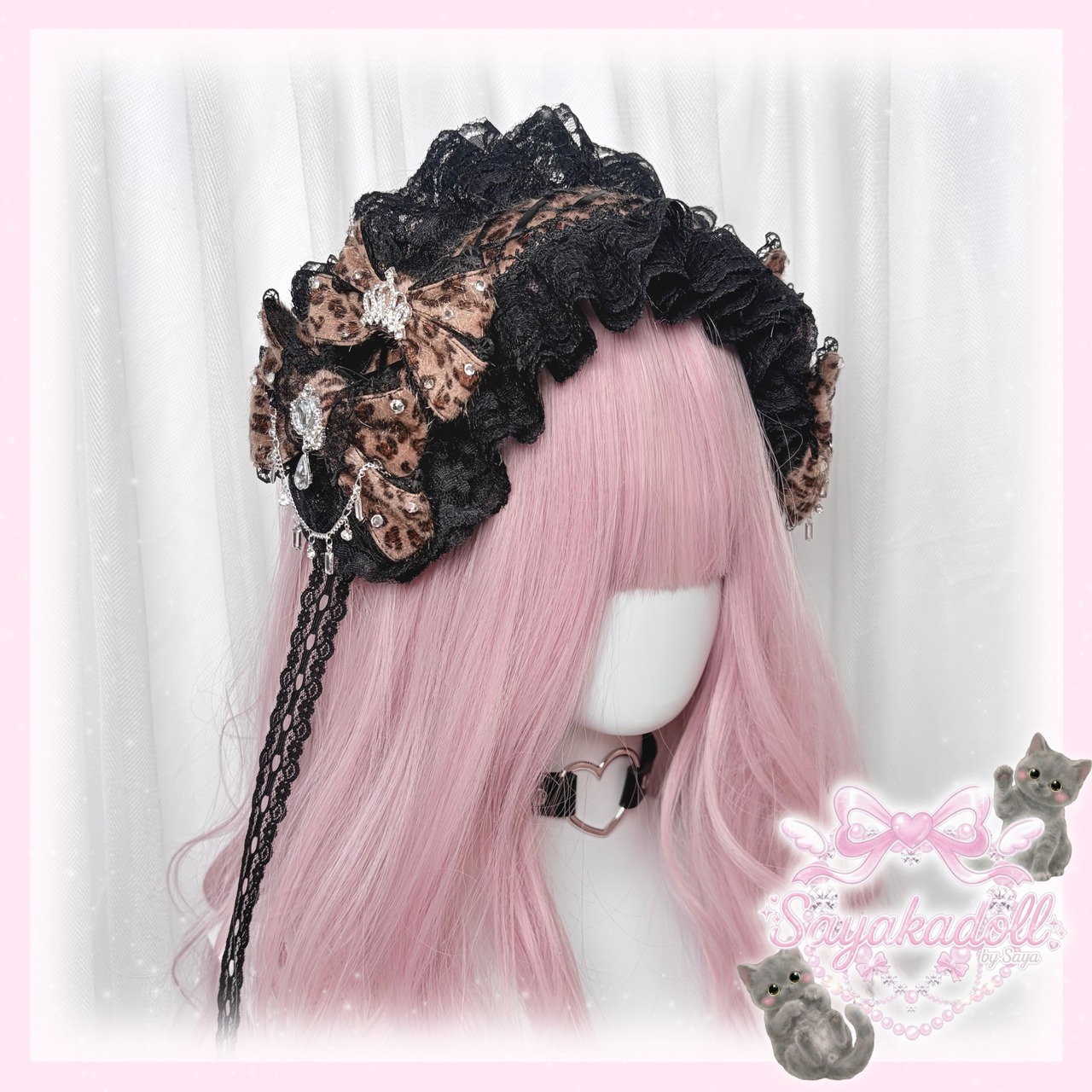 ♡【受注生産】No.9 姫ギャル 小悪魔レオパード ヒョウ柄 ビジューティアラ＆編み上げダブルリボン ブラックレースヘッドドレス light brown ♡