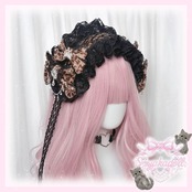 ♡【受注生産】No.9 姫ギャル 小悪魔レオパード ヒョウ柄 ビジューティアラ＆編み上げダブルリボン ブラックレースヘッドドレス light brown ♡