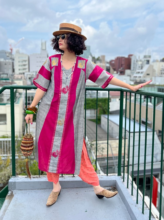 Vintage Fuchsia pink × gray animal cotton dress ( ヴィンテージ フューシャピンク× グレー アニマル コットン ワンピース )