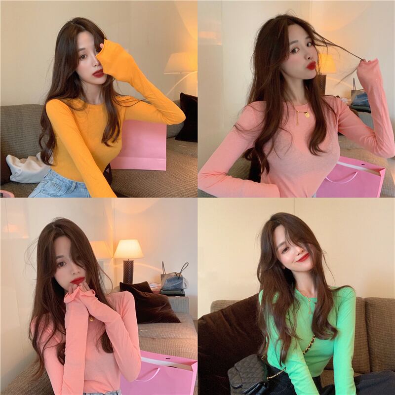 タイトフィット長袖Tシャツレディース2020年秋新作ボトミングシャツスリムスリムセクシーピンクトップイントレンド ブラックストロベリース53788114565