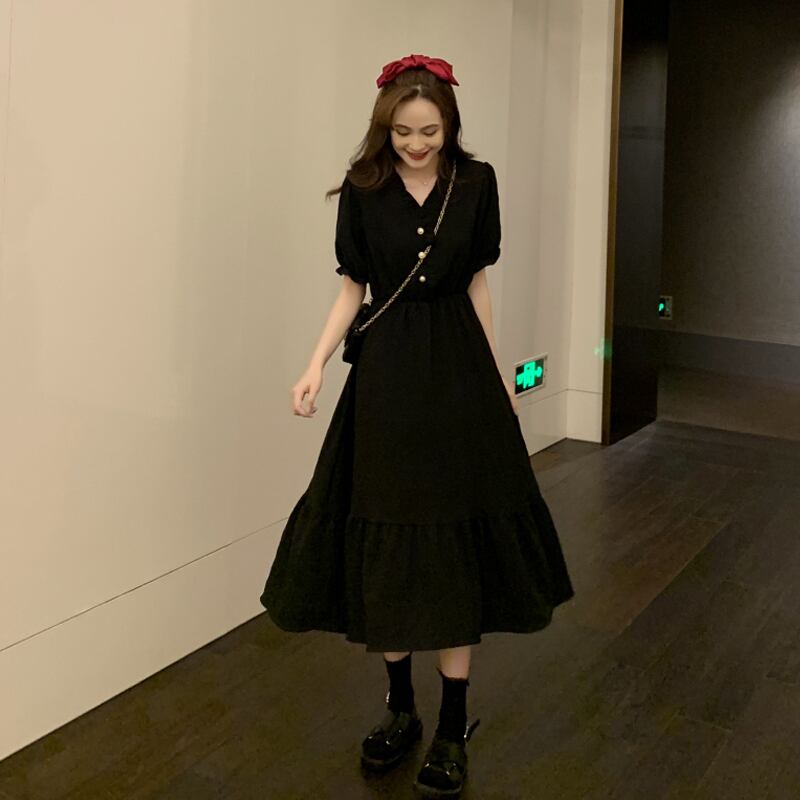 スリーブVネックドレス サマーブラックロングスカート 夏物 スーパーモール25020250710