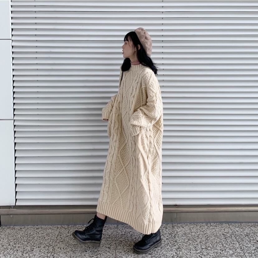 美品✨️Dw2R ローゲージニットワンピース 長袖 ケーブル編み ダークグレー