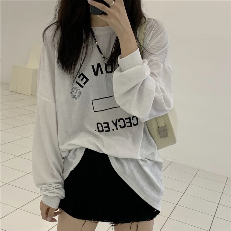 スタイルプリントルーズTシャツ サマー薄手カジュアルトップス ロング かわいい 夏物 モンロー76018391696