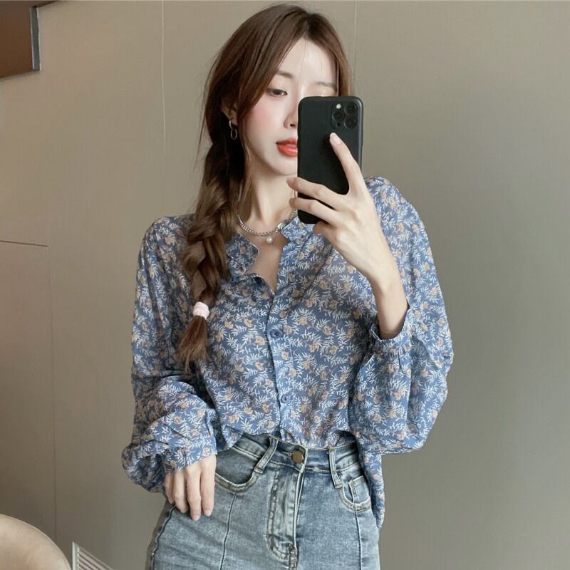 スタンダードフローラルシフォンシャツ オータムスタイルブラウス レディース ロング レッド レトロ 秋物 花柄 ハンチェンe41410223935