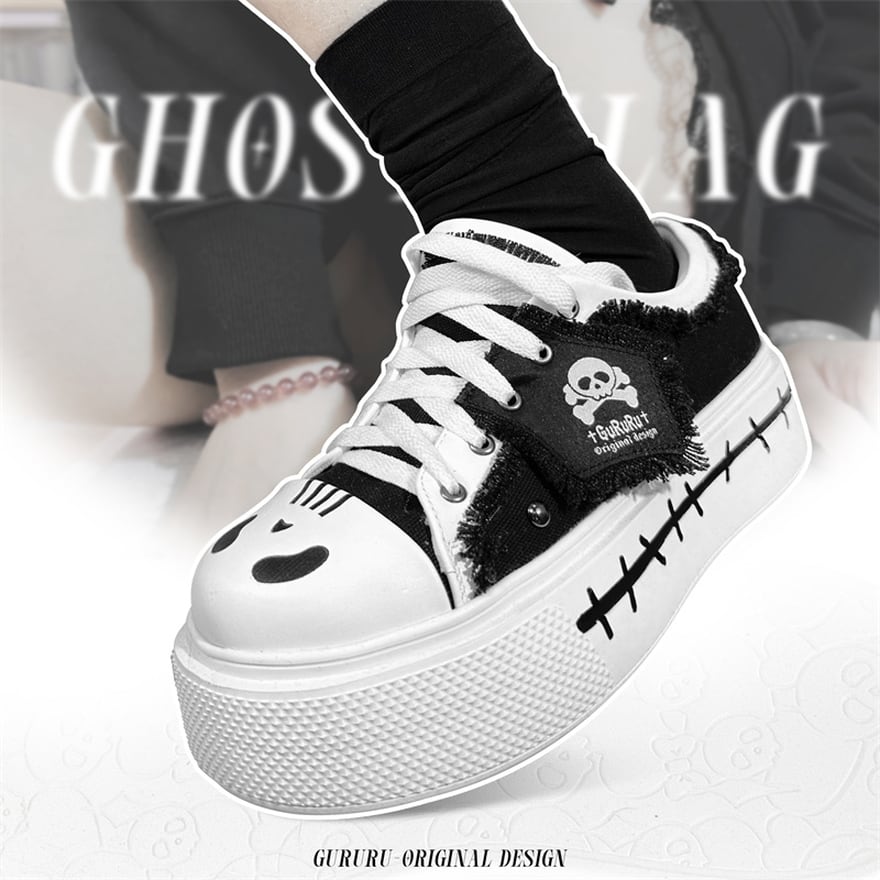 ゴスロリ通販 With U ゴスロリ 厚底靴 GURURU オリジナル ストリート系 スニーカー 帆布 ドクロ JK 病み可愛い ゴスロリ系地雷 原宿ファッション Y2K