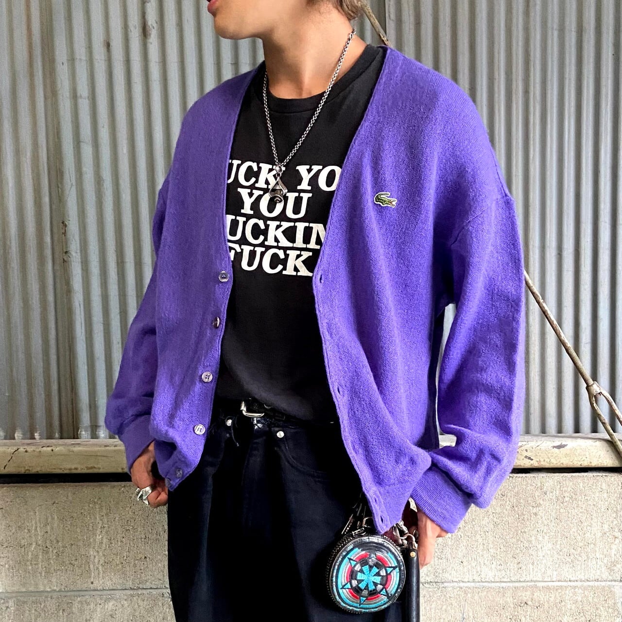 フランス製 70年代 ビンテージ Lacoste ラコステ パープル ウールニットカーディガン メンズm相当 古着 70s ヴィンテージ ビンテージ 紫色 ニットセーター Cave 古着屋 公式 古着通販サイト