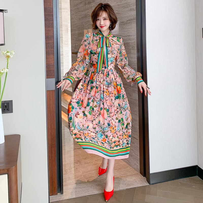 カラーストライプリボンラッフルプリント柄ドレス スプリング 春物 ステッチ MIUCO81512870224