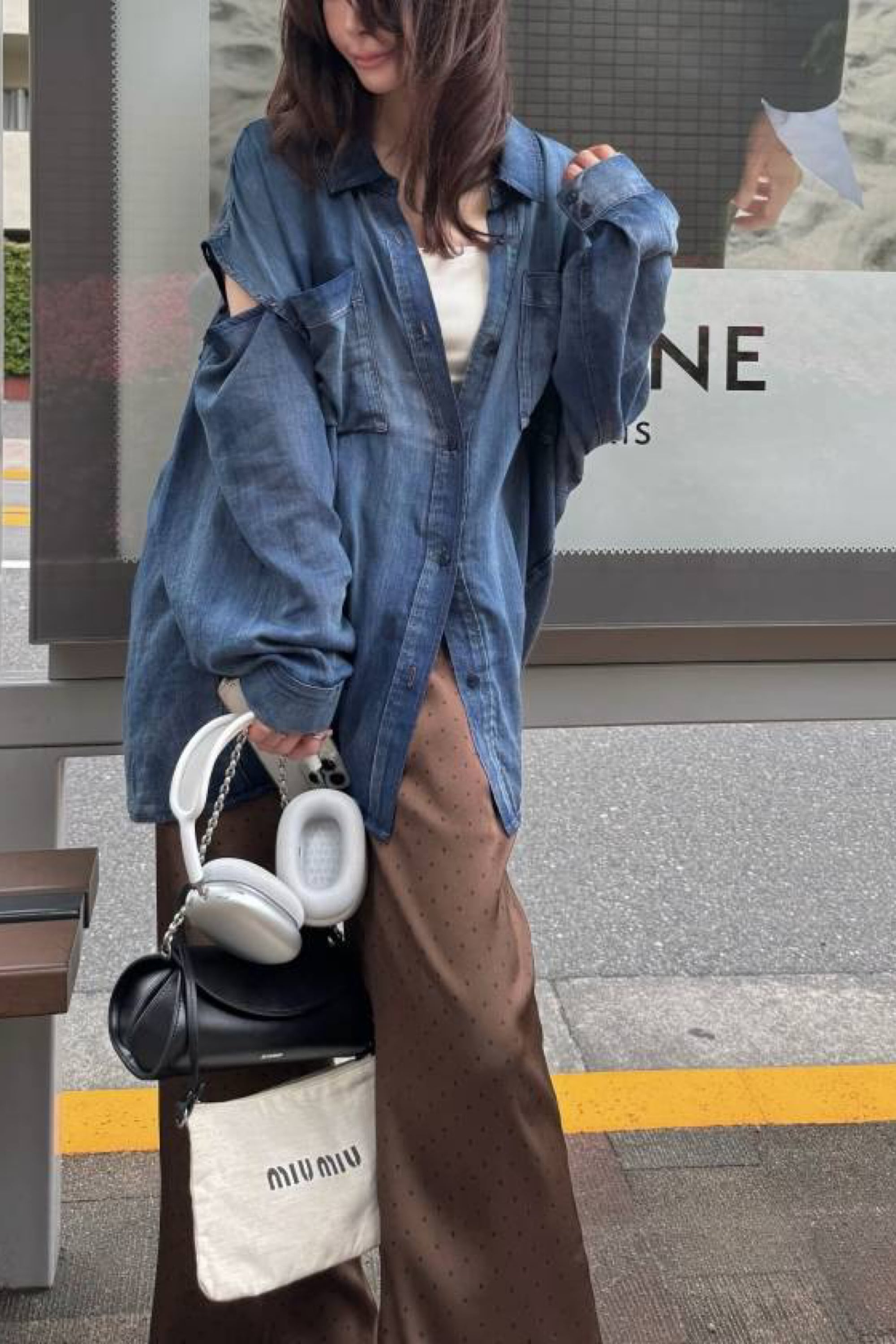 慈雨　センソユニコ　シャツ　デニム調　ワッシャー加工　ヴィンテージ加工　ゆったり WILLFULLY indigo gauze open shoulder oversize SH インディゴガーゼ