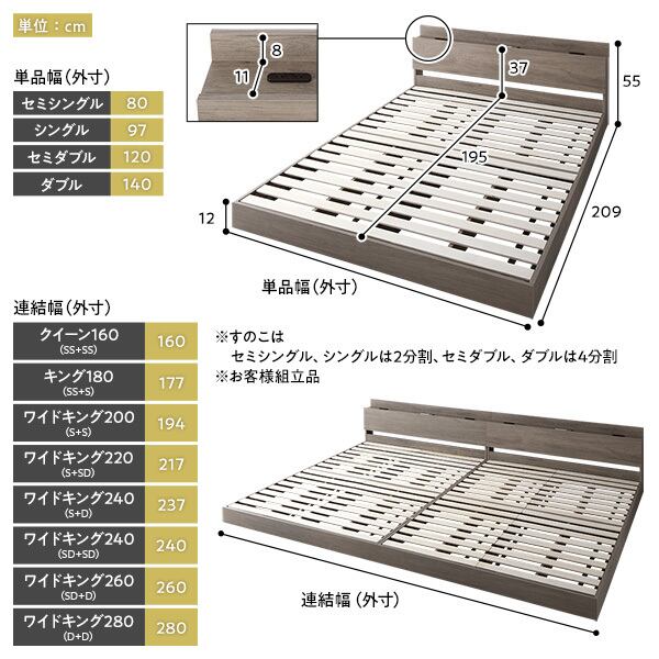 ベッド ワイドキング240 S+D ベッドフレームのみ グレージュ 低 ベッド ワイドキング240 S+D ベッドフレームのみ グレージュ 低