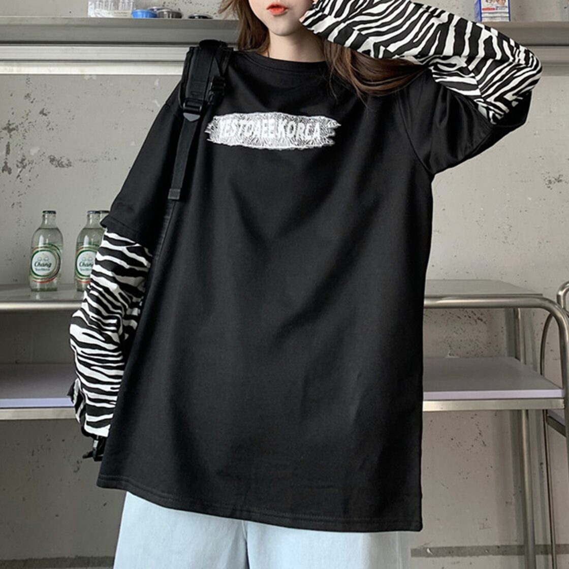 重ね着風 ロゴ Tシャツ レディース メンズ 春秋冬 トップス ストリート 