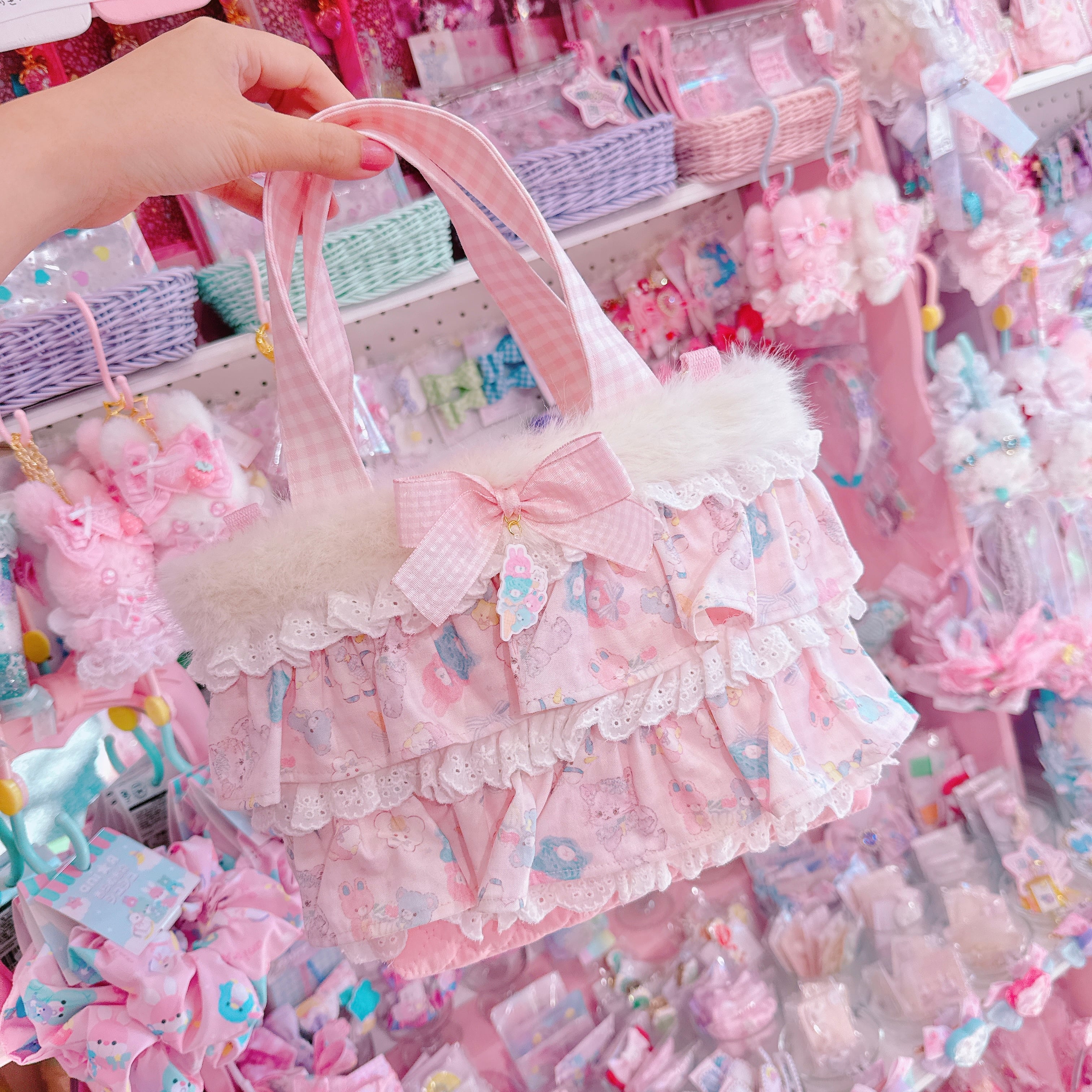 【E3】91-14ファー付き総フリル2wayトートバッグ（ショルダーひも別売）