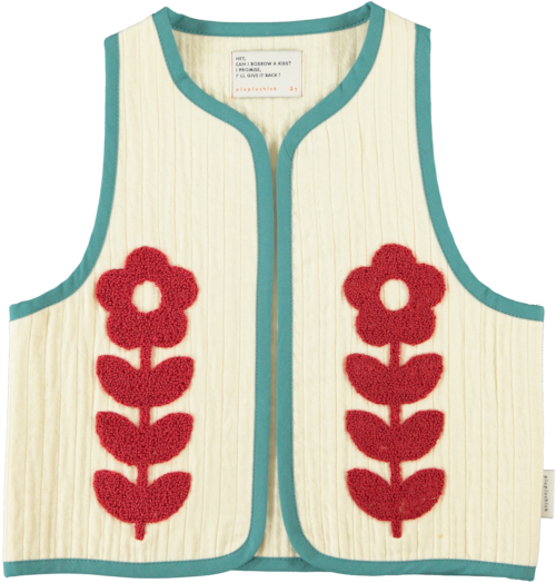 【piupiuchick】Waistcoat with Embroidered Red Flowers / Ecru 【piupiuchick】Waistcoat with Embroidered Red Flowers / Ecru