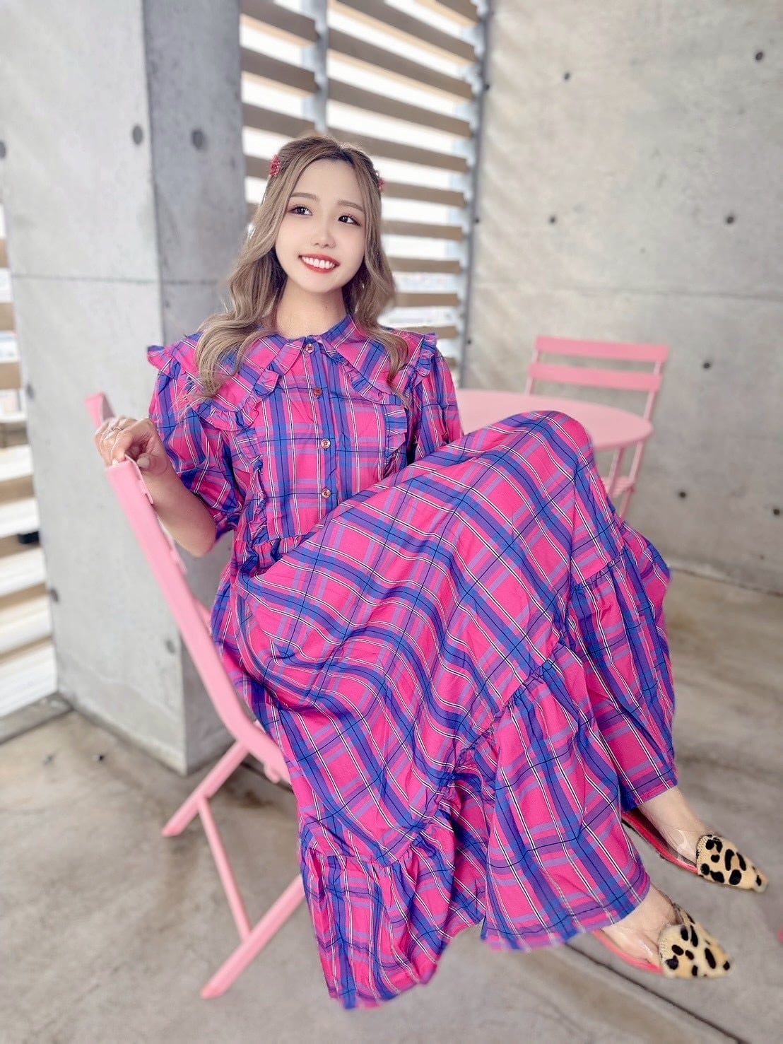 ノースリーブひざ丈ワンピース 青とピンクのチェック ビビットカラーチェックワンピース♡レディースファッション/可愛い