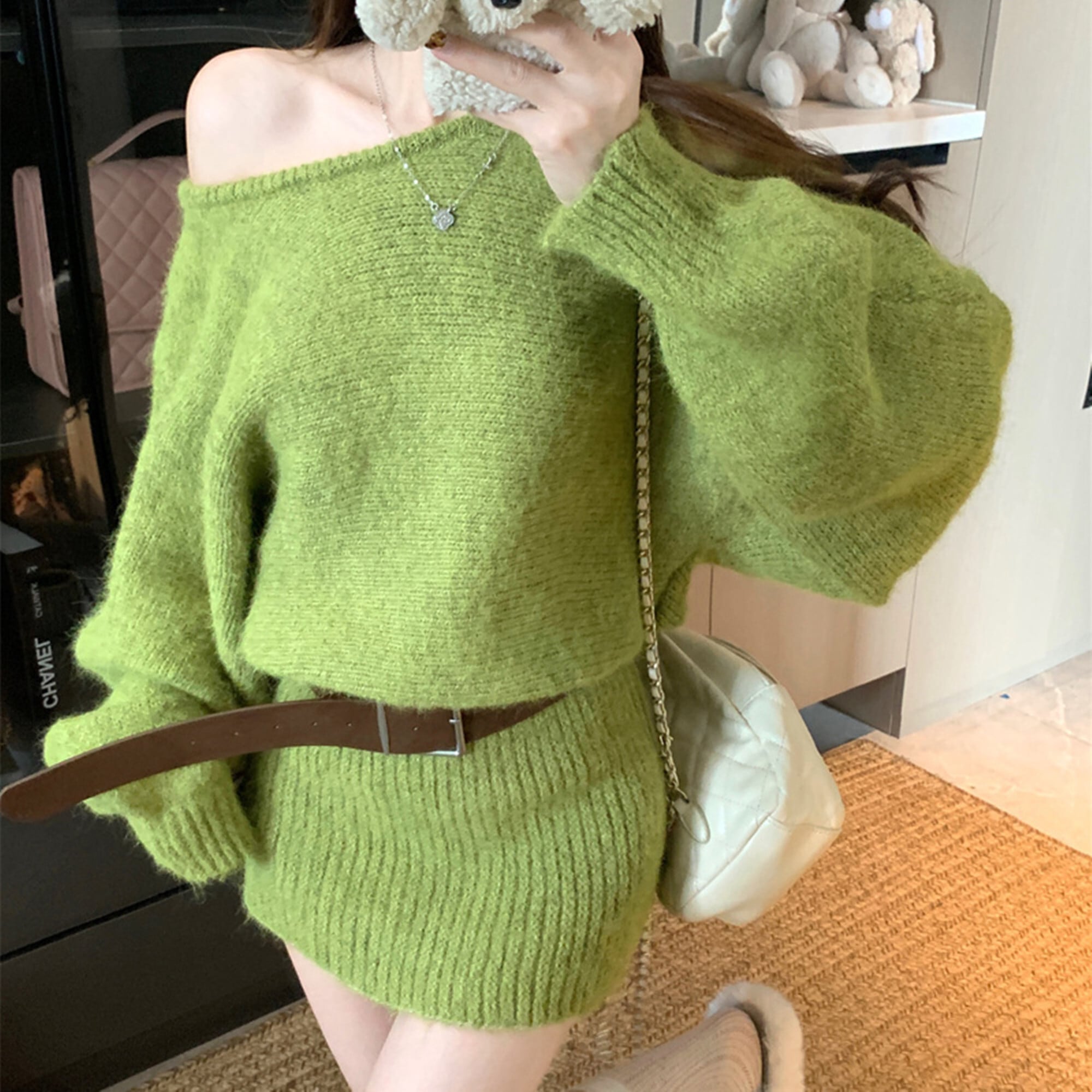 【dress】オフショルニットミニワンピース N3359