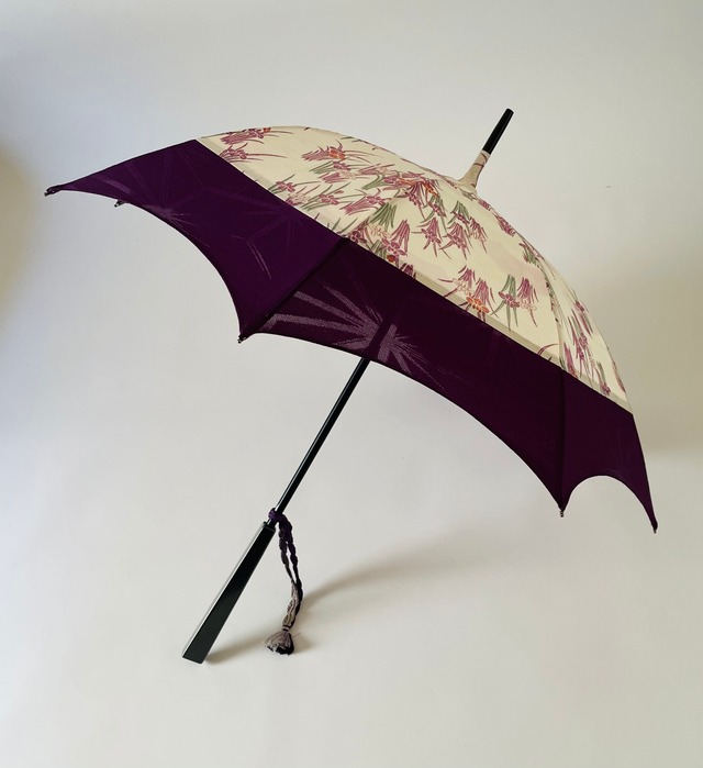 アヤメ模様と、無地の絽の着物で切り替えた日傘 Handmade parasol  with "KIMONO"