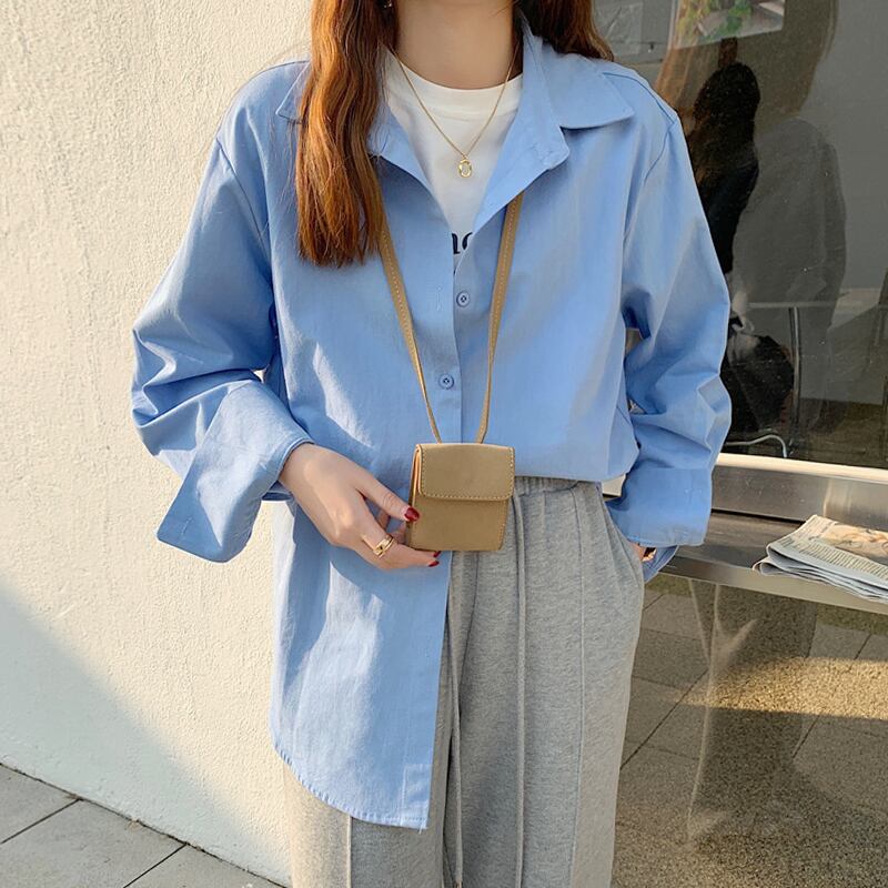 スプリングオータムブルーシャツ ジャケット スタンダードスタイルトップス ロング レトロ 春物 秋物 試着室83389281359