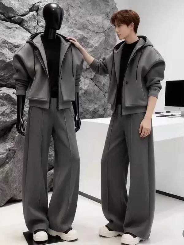 メンズセットアップ フード付き短丈パーカー ワイドストレートパンツ 上下セット グレー ブラック カジュアルコーデ