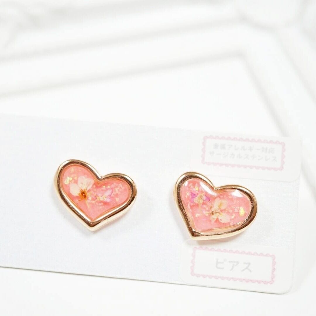 プチピアス イヤリング レジン ハート ピンク｜ハンドメイド・手芸
