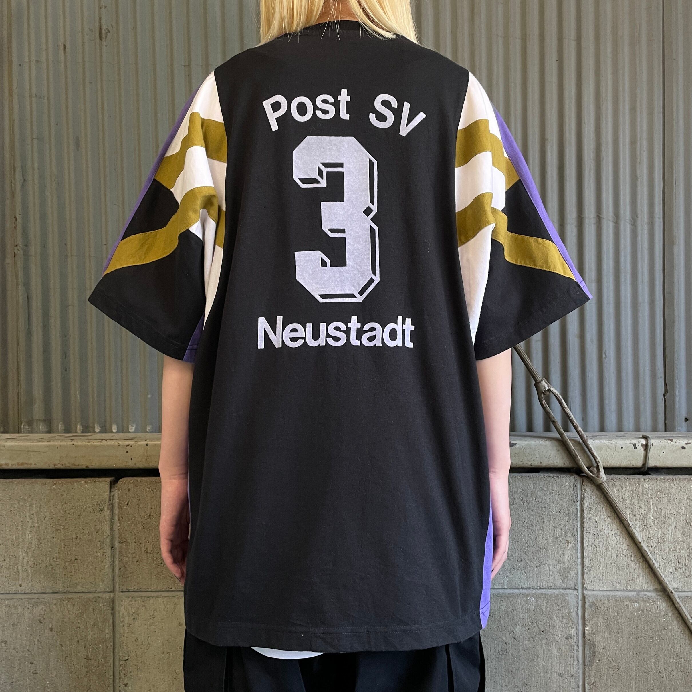 80年代 adidas アディダス 切替 サッカー フロッキープリントTシャツ