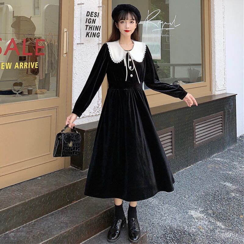 ✞ 長袖スリーブスリムゴールドベルベット ロング スウィート