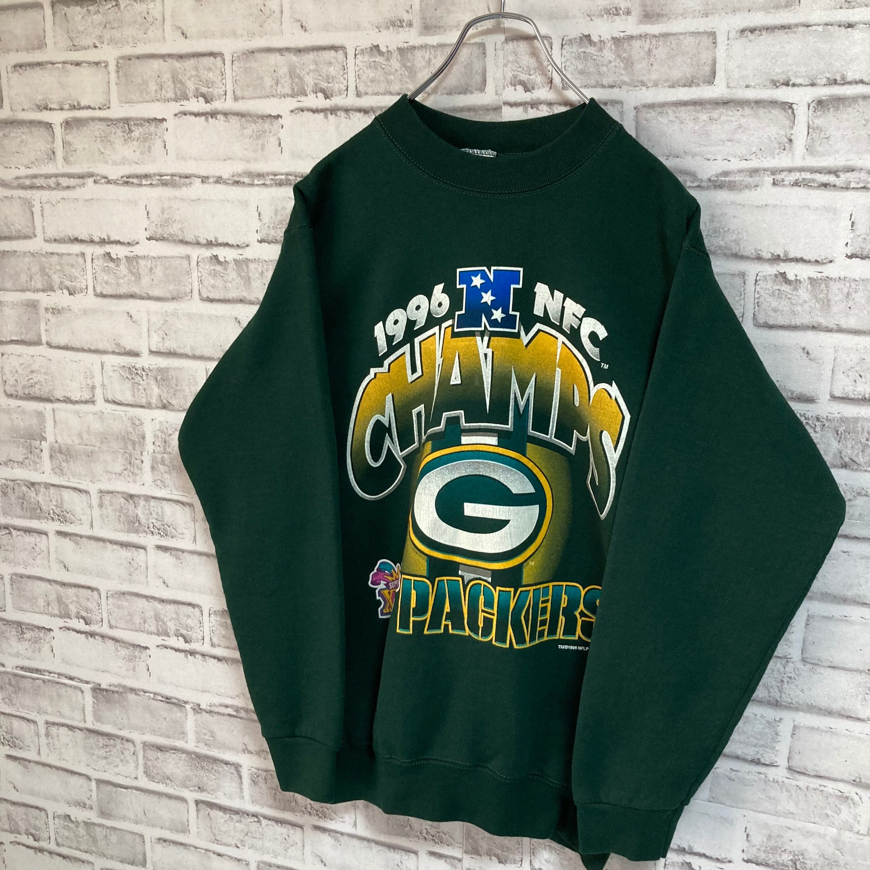 【PRO PLAYER】L/S Sweat L相当 90s Made in USA “PACKERS” NFL チームモノ スウェット トレーナー  USA製 チームロゴ 1996 CHAMPS 優勝記念 深緑 アメリカ USA 古着