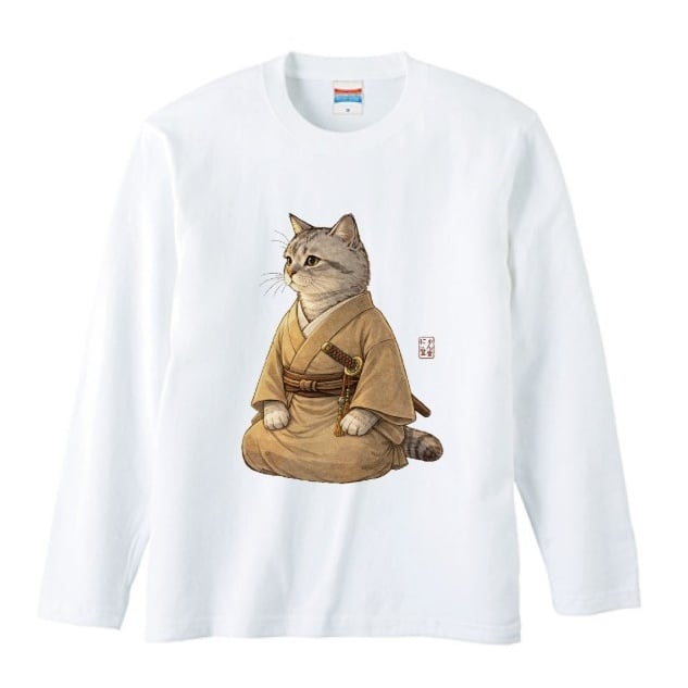 「凛とした眼差しの武士猫」 ロングTシャツ リブなし/ "Samurai Cat with a Dignified Gaze" Long Sleeve T-Shirt, No Rib
