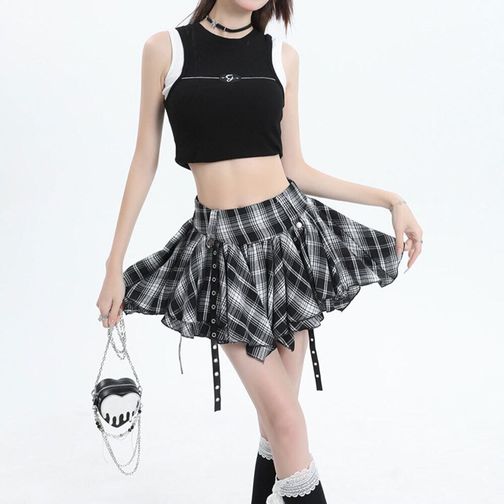 【送料無料】 チェック柄 ミニスカート アシンメトリー レディース 春夏 韓国 原宿系 ストリート アメカジ 大人 カジュアル かわいい ロック パンク Y2K 裏地付き 大人可愛い 大人女子