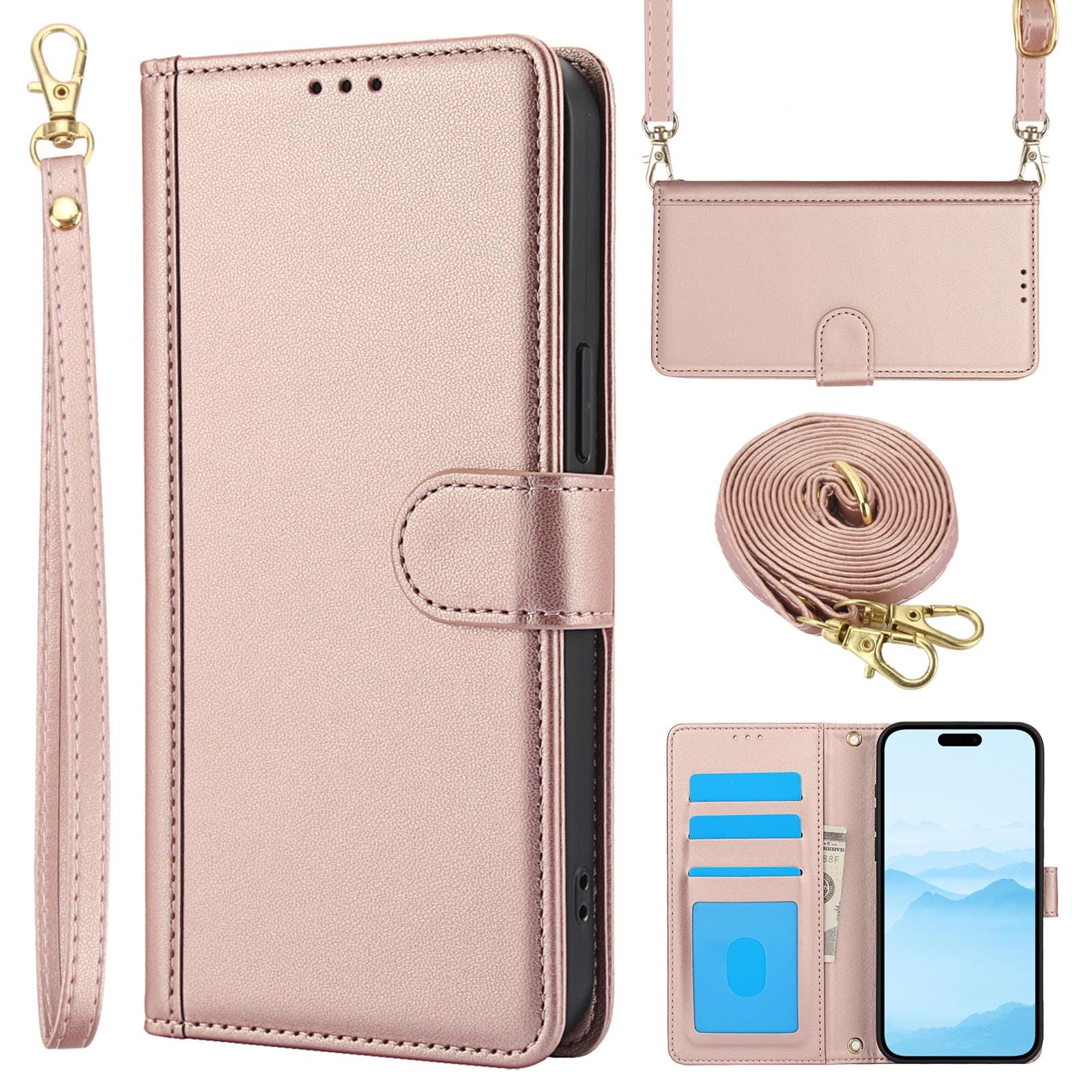 Dahimomo For iPhone SE ケース 手帳型 第2世代 / 第3世代 / iPhone SE2 / iPhone8 / iPhone7 ショルダー カード収納 いphone se3 スマホケース 財布型 スタンド機能 肩掛け アイホンse 携帯カバー アイフォンse2 全面保護 無地 シンプル 耐衝撃 あいふおんseケース - ローズゴールド