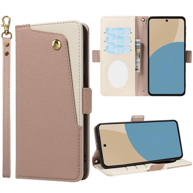 KWATUNG AQUOS sense9 用ケース 手帳型 ストラップ付き アクオスセンス9 用ケース 手帳型 ミラー付き【アプリコット】