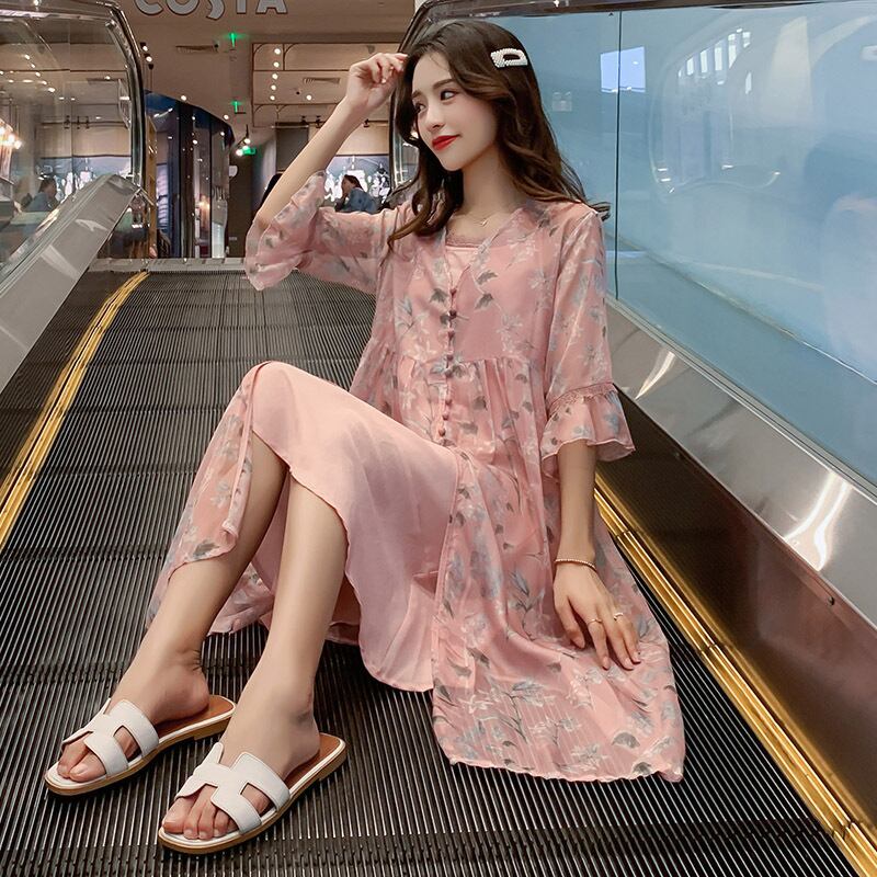 【新作】【送料無料】 新しいファッションフローラルシフォンマタニティドレスのマタニティウェア2019夏バージョン+スリング妊娠中のツーピースセット-アリババ サマー 夏物 花柄 expec23832378642