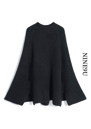 cape middle coat/stand collar slit thick sweater【NINE6902】
