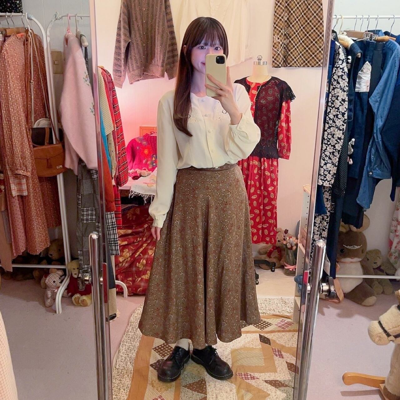 brown flower leaf flare skirt