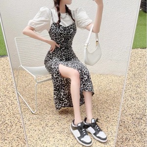 white blouse & gray leopard dress
