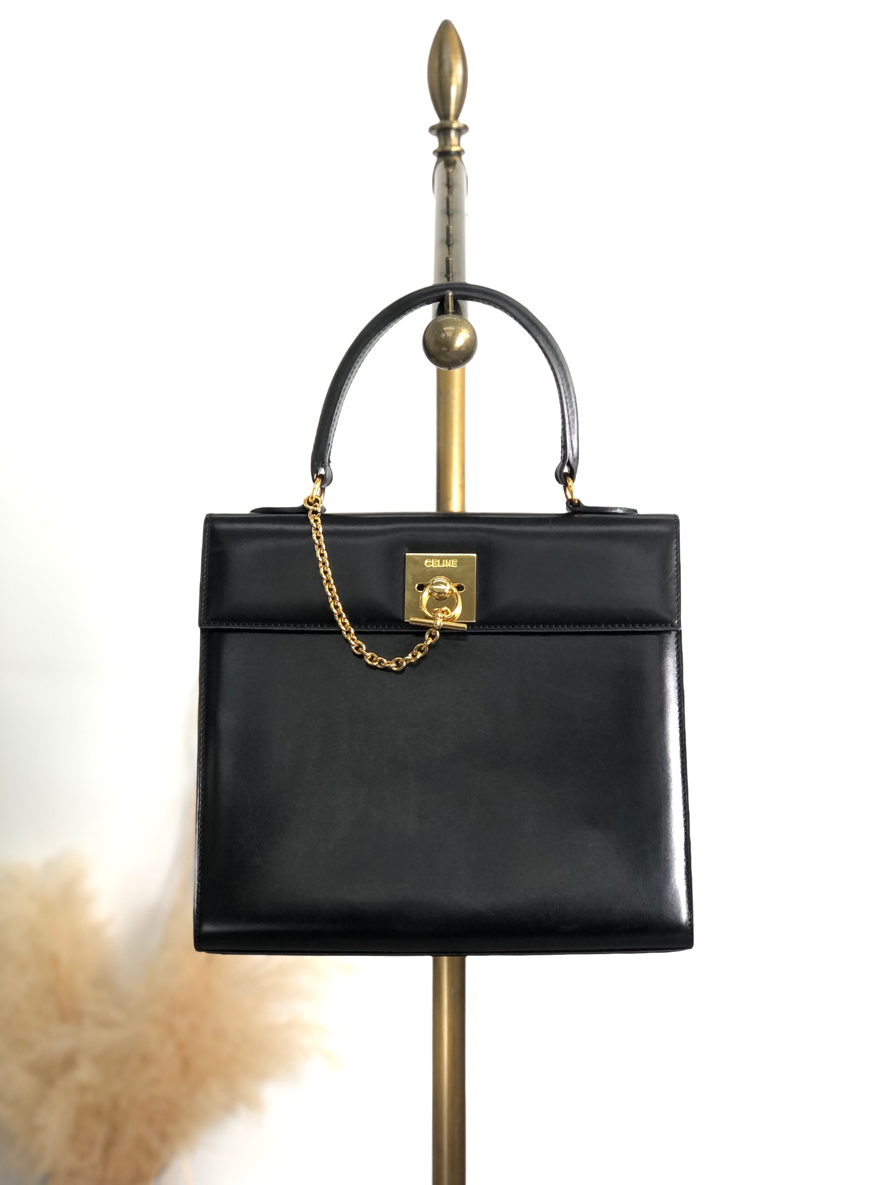 CELINE セリーヌ ハンドバッグ ブラック ガンチーニ レザー トップハンドル vintage ヴィンテージ オールド whcwed