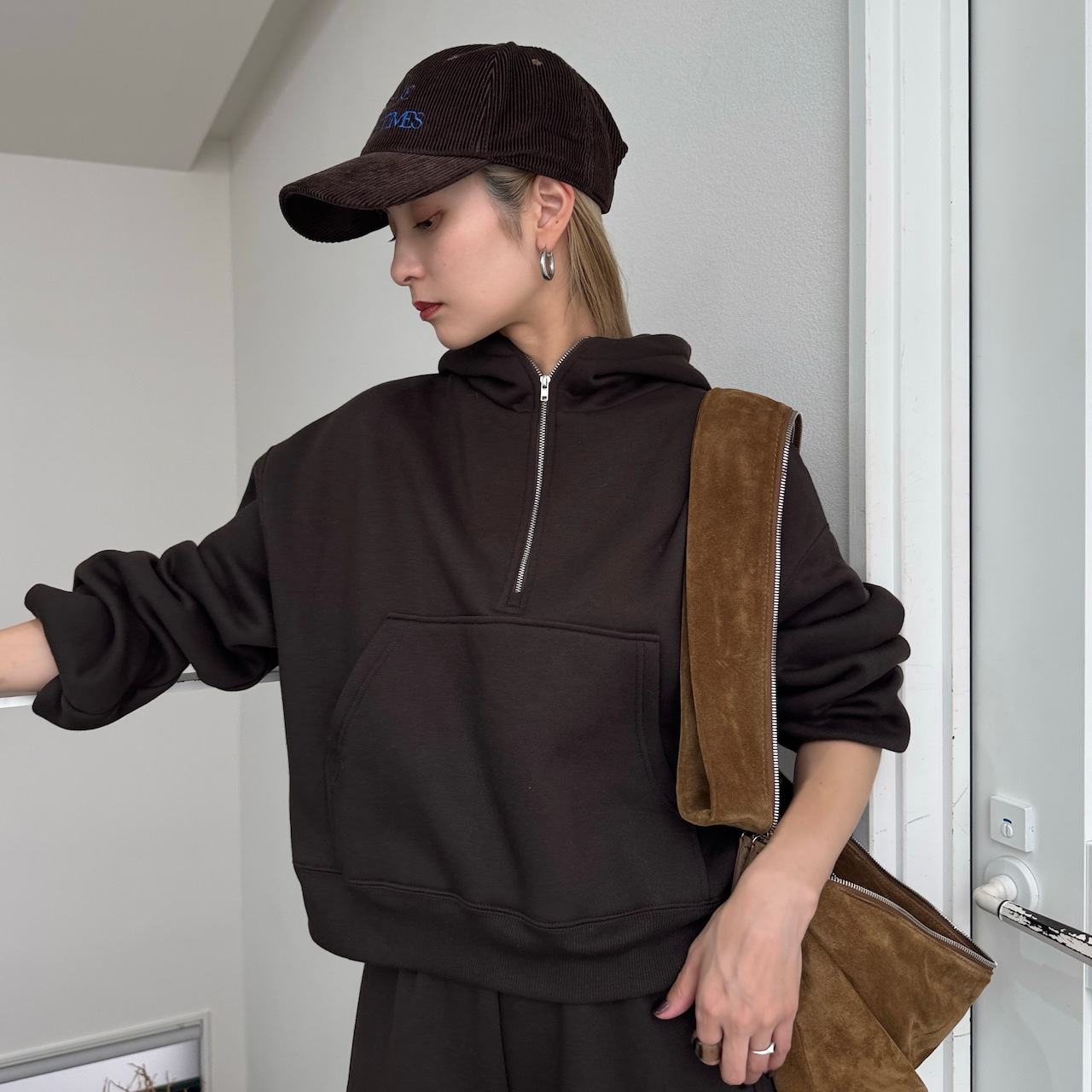 裏起毛ハーフZIPショート丈PK/ダークブラウン