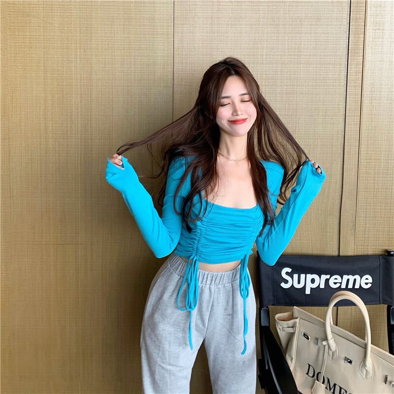 シャツ オータムTシャツ ギャザーショートクロップドホワイトトップス ロング 秋物 ドラファッションホール52141695043