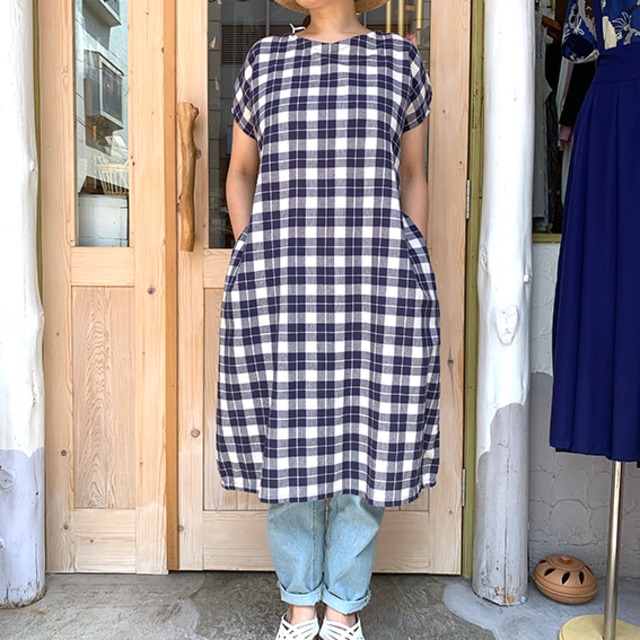 ネイビーチェック サイドギャザー コクーンワンピース Earth Juice Web Shop