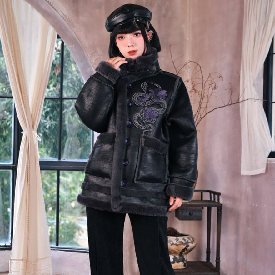 チャイナ風 フェイクファー ジャケット 刺繍 厚手 防寒 古怪舎