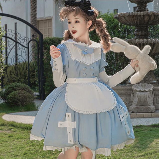 ゴスロリ コスプレ衣装 水色 リボン付き ゴスロリ通販 With U ファッション メイド服 長袖 丸襟 リボン 水色