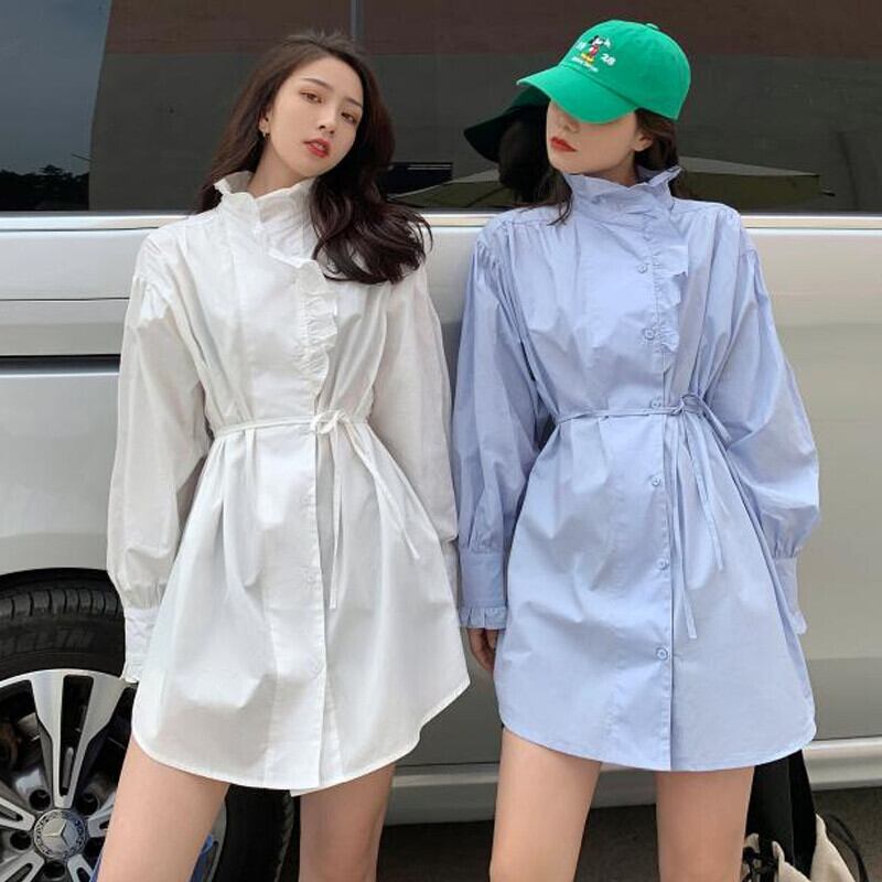 ウェストシャツ スカート オータムショートホワイトドレス 秋物 ガールズファッション1618384559