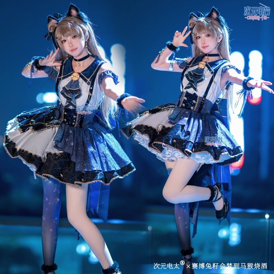 ゴシックアイドル ライブ衣装 猫耳ラメドレス ネイビー×ブラック ソックス付き|WithU