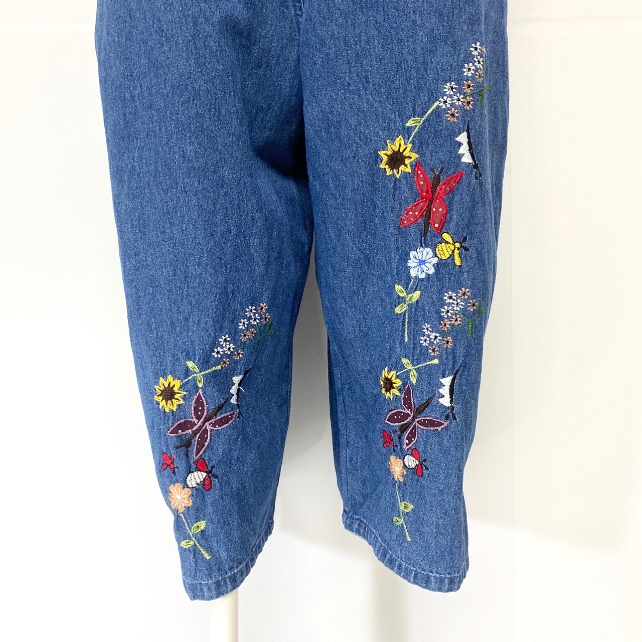 agapo 花柄 刺繍 デニム クロップド 七分丈 オーバーオール レディース 