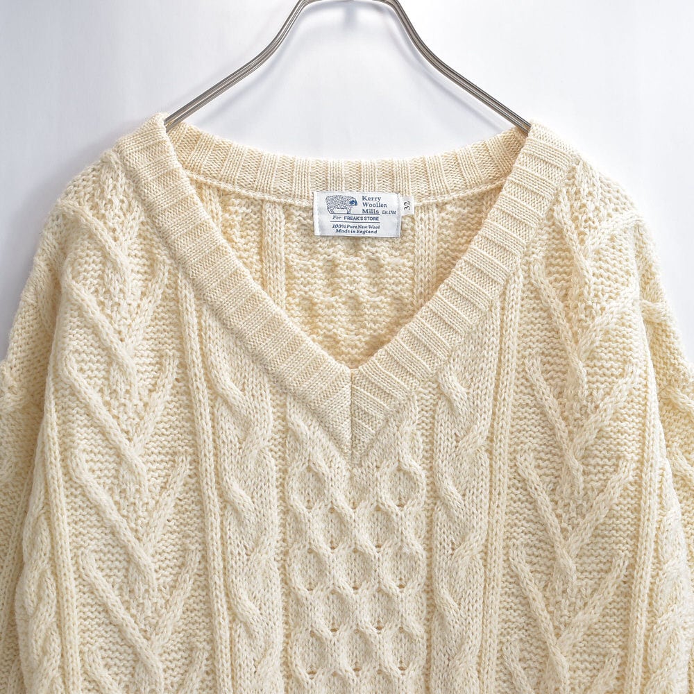 英国製 Kerry Woollen Mills ケリー・ウーレンミルズ アラン ケーブル ニットワンピース ピュアニューウール アイボリー イギリス製 別注 古着 レディースL~XL相当