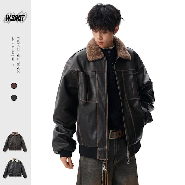 【暖かさUP】ストリート ラペルPUレザー中綿ジャケット T2005