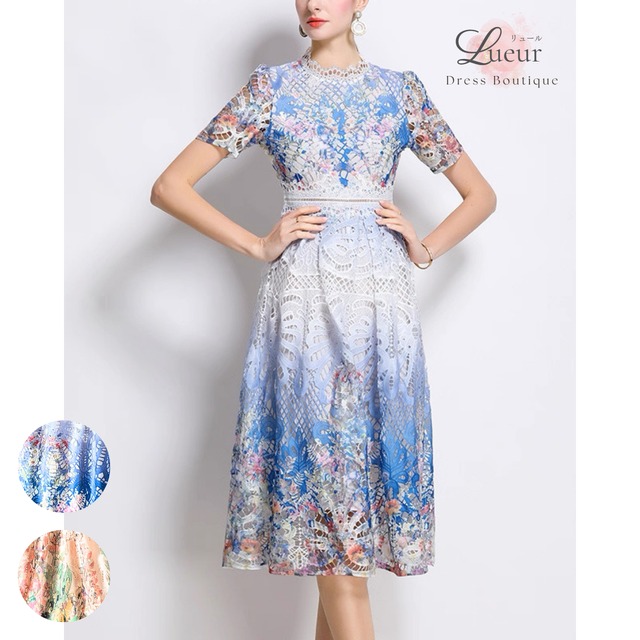 フラワーモチーフレース切替フレアワンピース L2335