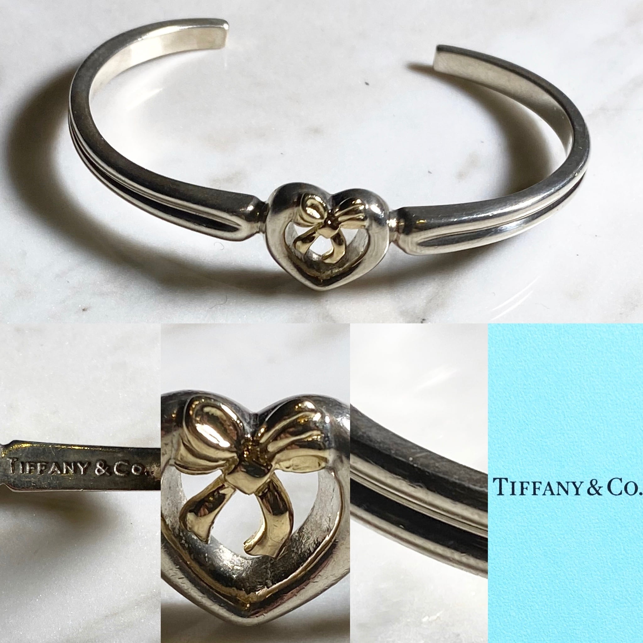 1991's TIFFANY silver×k18yg bangle open heart and ribbon 1991's TIFFANY silver×k18yg bangle open heart and ribbon