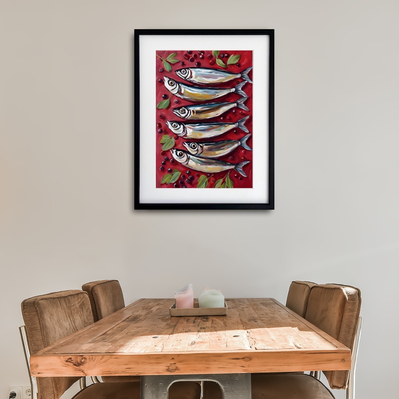 sardines｜可愛いイワシを並べたユニークなコンテンポラリーアートポスター｜キッチンやダイニングを彩る食アートインテリア｜北欧風モダンにも相性抜群A2ポスター